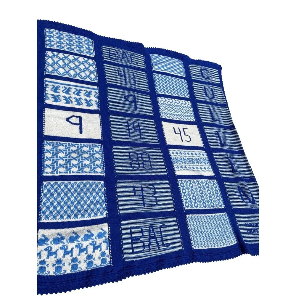 Vintage Hand Knit Crochet Afghan Throw Blue White Pattern Letters Numbers 1988